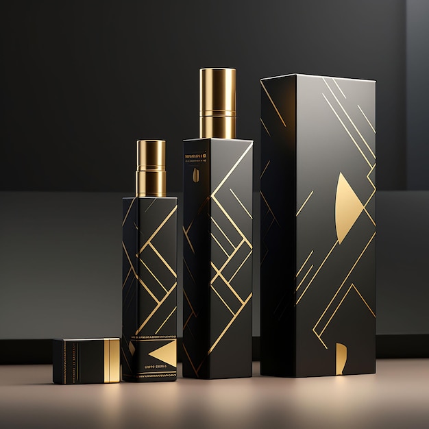 a row of perfume bottles with gold and black boxes.