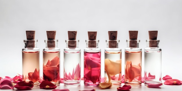 A row of perfume bottles with roses on the top.