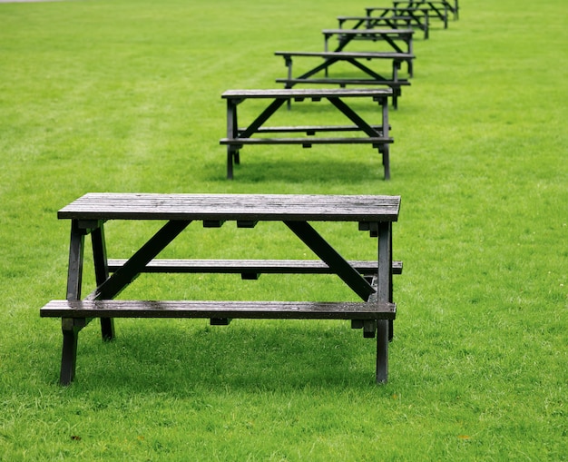 Row of picnic tables on a grass