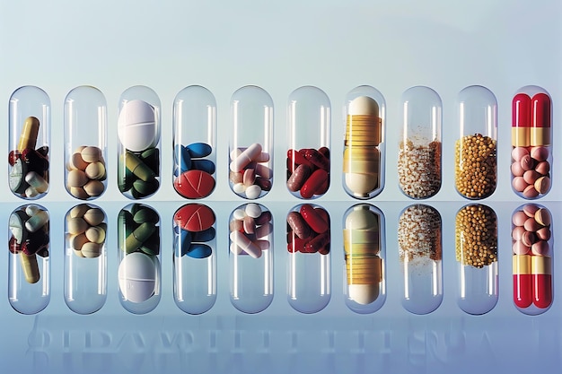 Foto roda di pillole e capsule su sfondo blu ai generativa