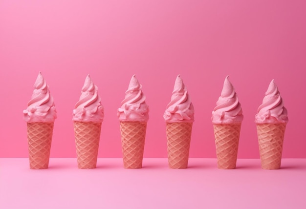 A row of pink ice cream cones on a pink background