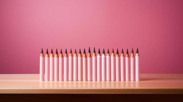 Photo a row of pink pencils sitting on top of a wooden table