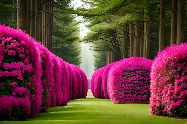 ряд розовых и фиолетовых кустов с зеленым фоном деревьев на заднем плане.