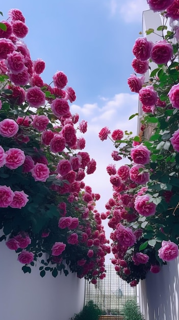 A row of pink roses with the sky in the background