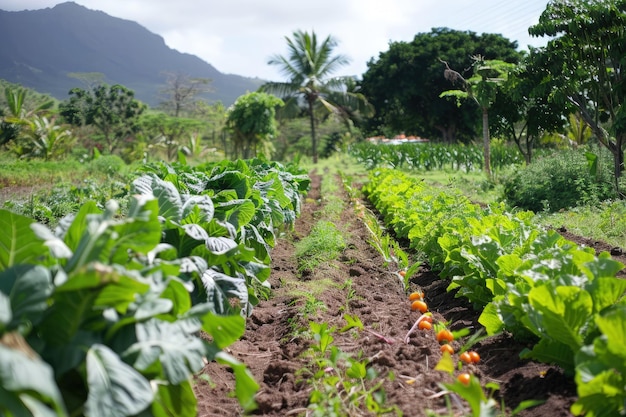 A row of plants in a field with mountains in the background