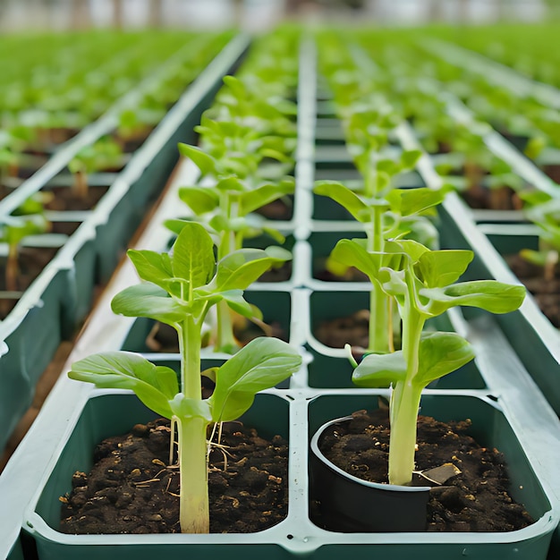 a row of plants with a green plant in the middle of them