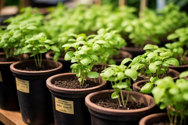 a row of plants with a sign that says basil.