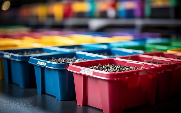 A row of plastic containers filled with screws of various sizes and colors