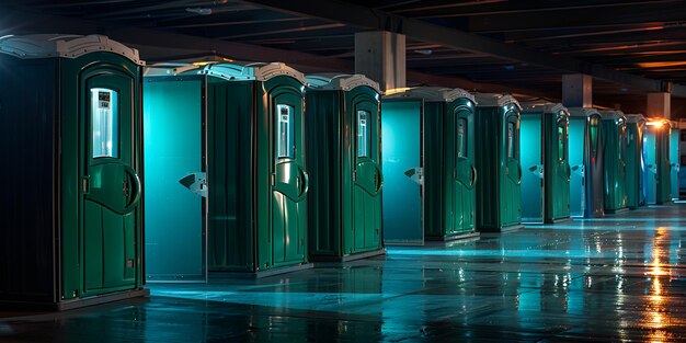 Photo a row of porta potties are lined up in a room