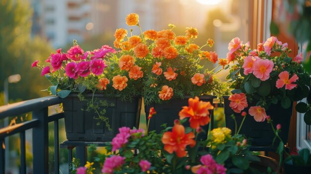 Row of Potted Flowers on Balcony