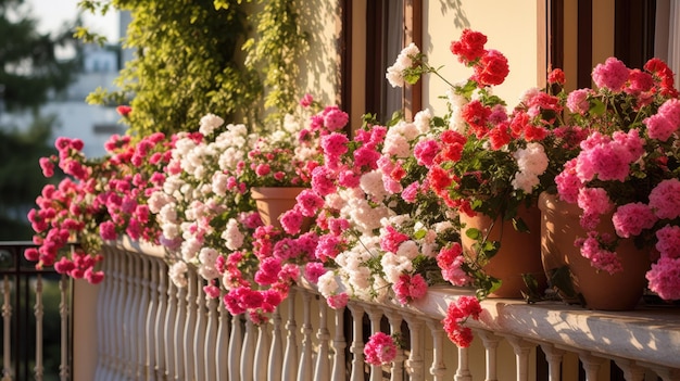 A Row of Potted Pink Flowers on a Balcony