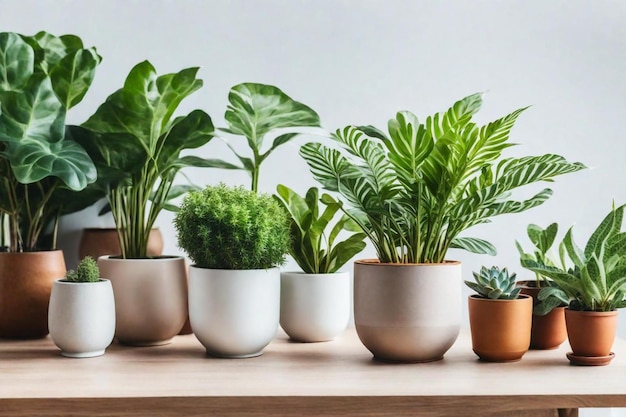 Photo a row of potted plants are on a wooden shelf