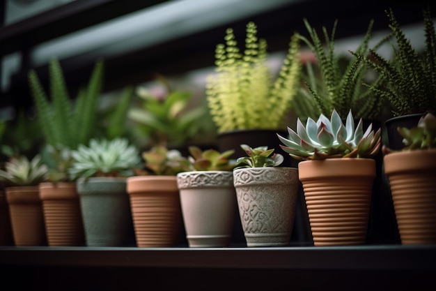 A row of potted plants on a window ledge