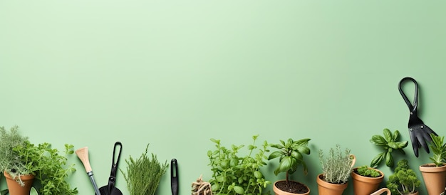 Photo row of potted plants with gardening tools on a white background