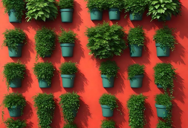 a row of potted plants with a red background