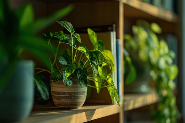 Row of Potted Plants on Wooden Shelf