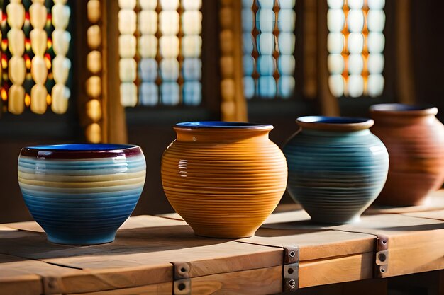 A row of pottery on a table with the number 3 on it