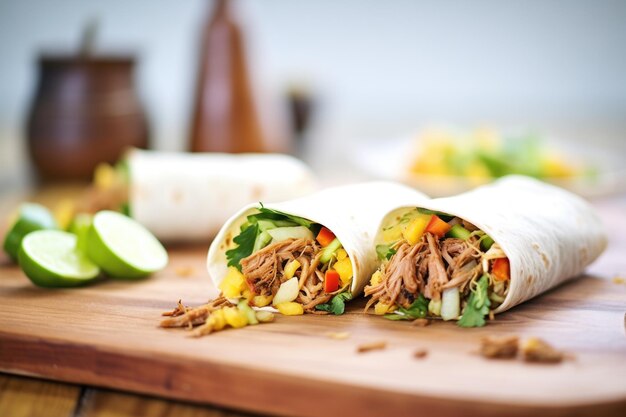 Row of pulled pork burritos on a wooden board