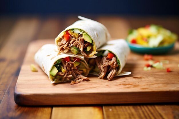 Row of pulled pork burritos on a wooden board