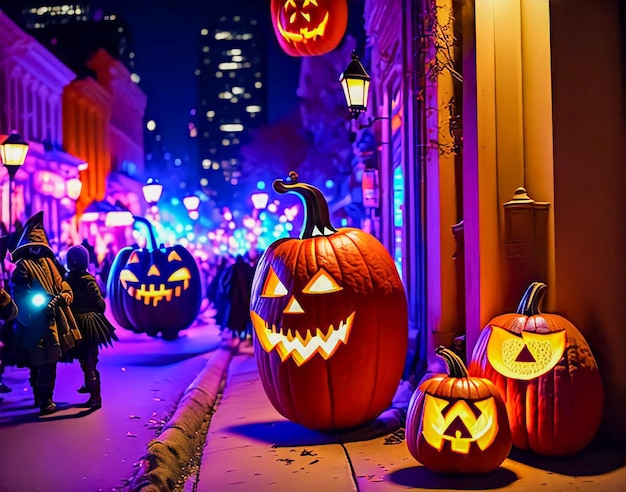 A row of pumpkins are on a sidewalk in front of a building
