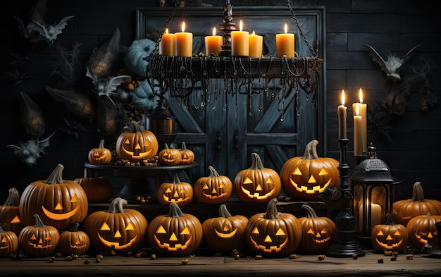 a row of pumpkins with candles on a table.
