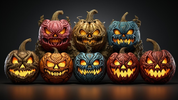 Photo a row of pumpkins with carved faces and carved faces