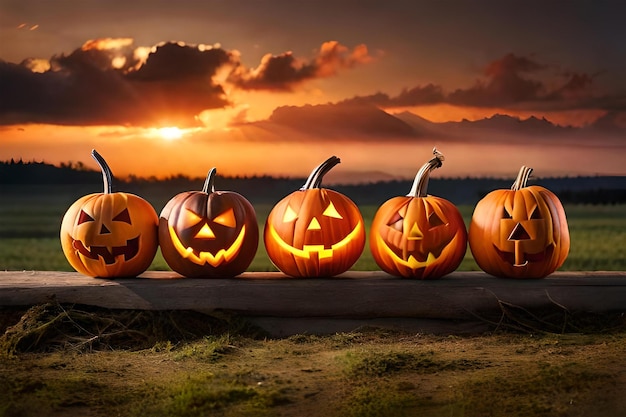 A row of pumpkins with the words halloween on the front.