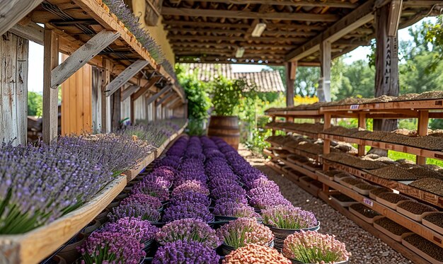 a row of purple flowers are on display in a building