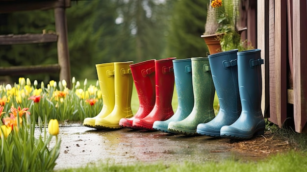 A row of rain boots are lined up in a garden.