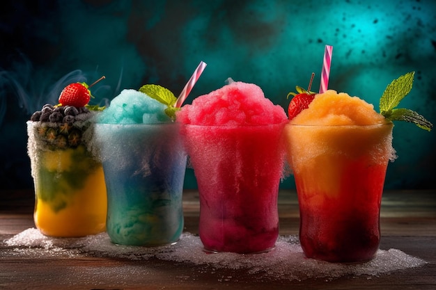 A row of rainbow colored ice creams with straws and rainbow colored ice cream.