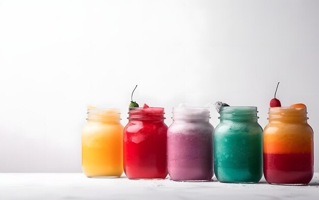 A row of rainbow colored jars with different colored jars of different colors.