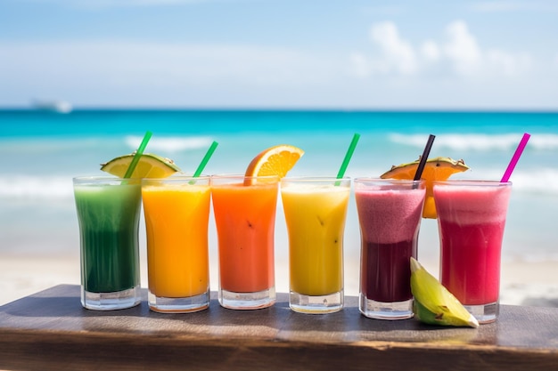 A row of rainbow smoothies with a beach in the background