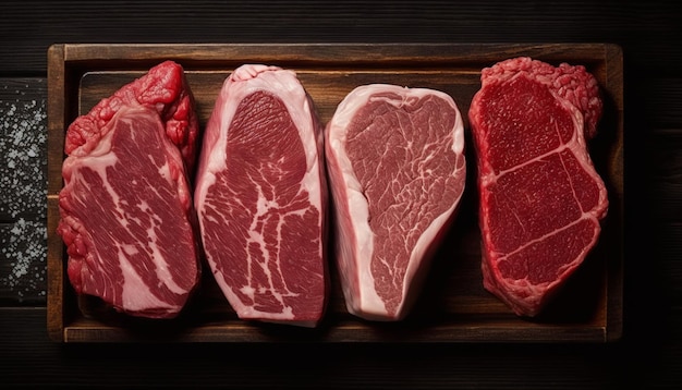 A row of raw meats on a wooden cutting board