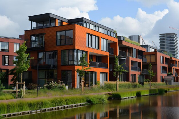 Photo a row of red brick buildings next to a body of water with a boat in the water and a crane in the