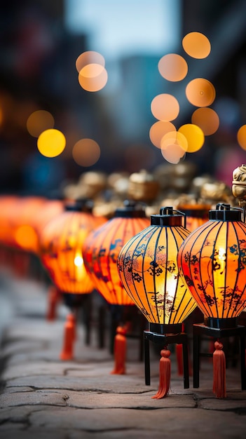 Photo a row of red chinese lanterns bokeh new year celebration chinese new year chinese new year cele