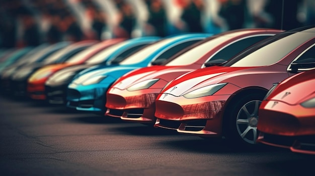 A row of red electric cars are lined up in a parking lot.