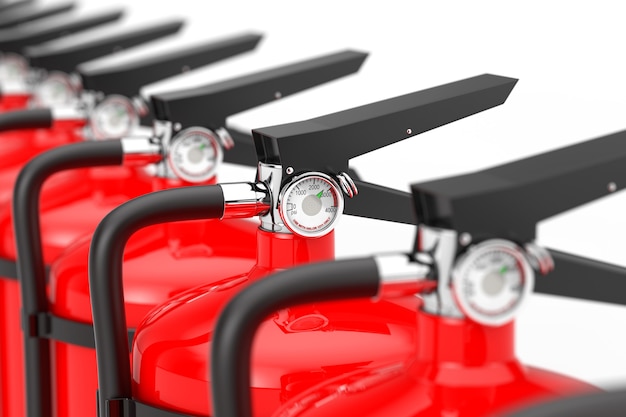 Photo row of red fire extinguishers extreme closeup on a white background. 3d rendering