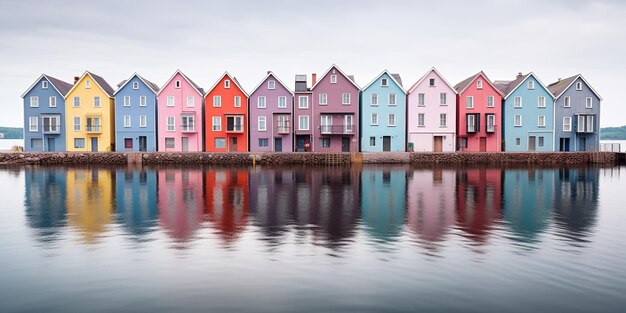 Photo a row of red houses sitting next to a body of water