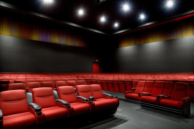 A Row Of Red Seats In Front Of A Projector Screen