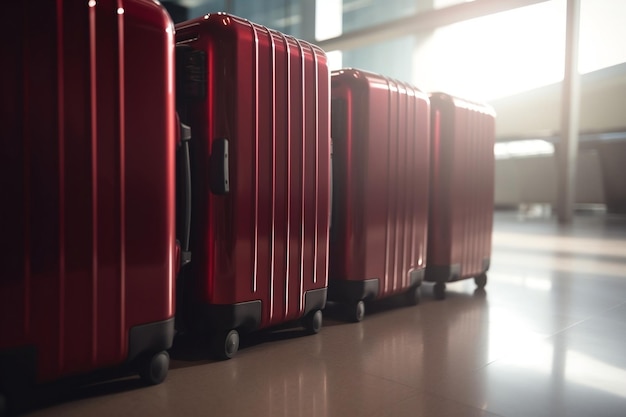 A row of red suitcases are lined up in a row.