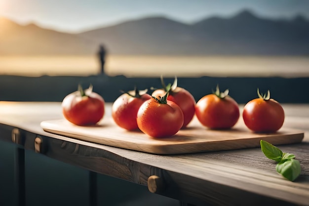 A row of red tomatoes on a wooden table