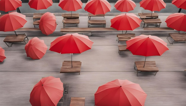 a row of red umbrellas with chairs and tables on a wooden floor