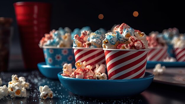 A row of red white and blue popcorn cups