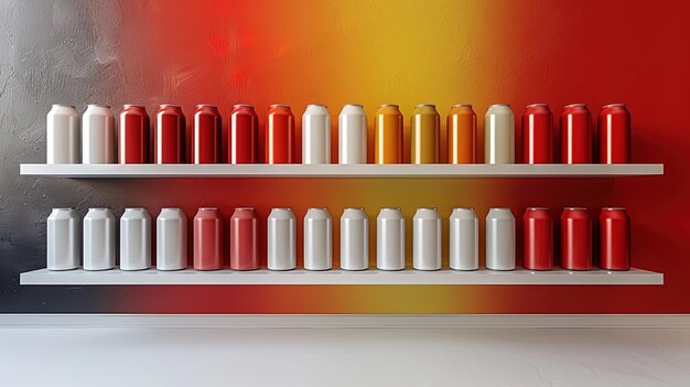 Photo row of red and white spray paint cans on shelf