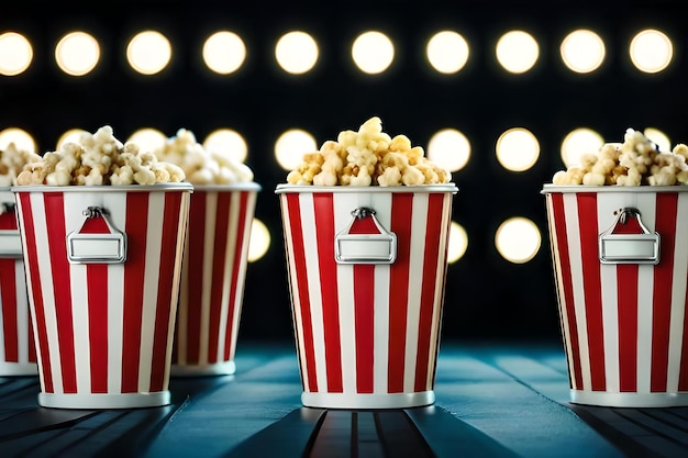 A row of red and white striped buckets with popcorn in them