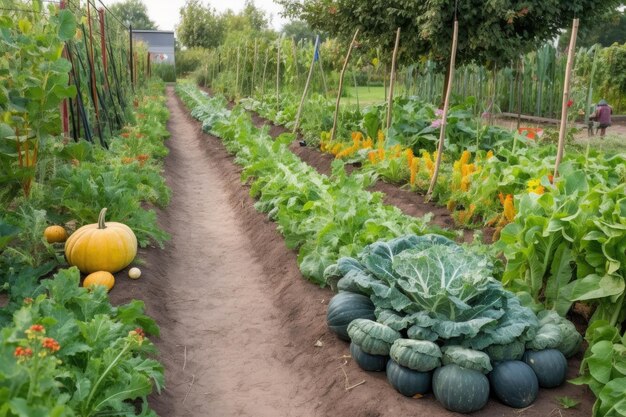 Row of ripe fruits and vegetables growing in garden plot created with generative ai