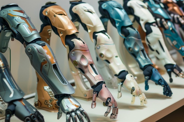 Photo a row of robotic arms with different colors and