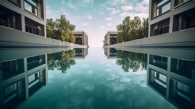 A row of rooms with pool in the middle