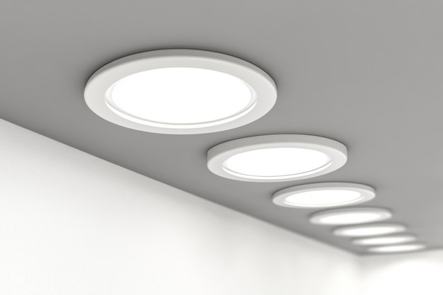 a row of round lights on a ceiling that is white