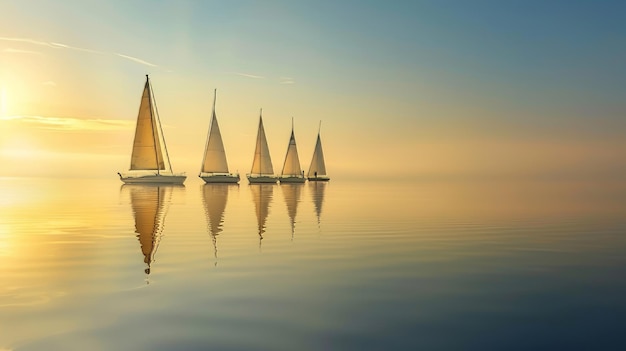 Photo a row of sailboats on tranquil lake ai generated illustration